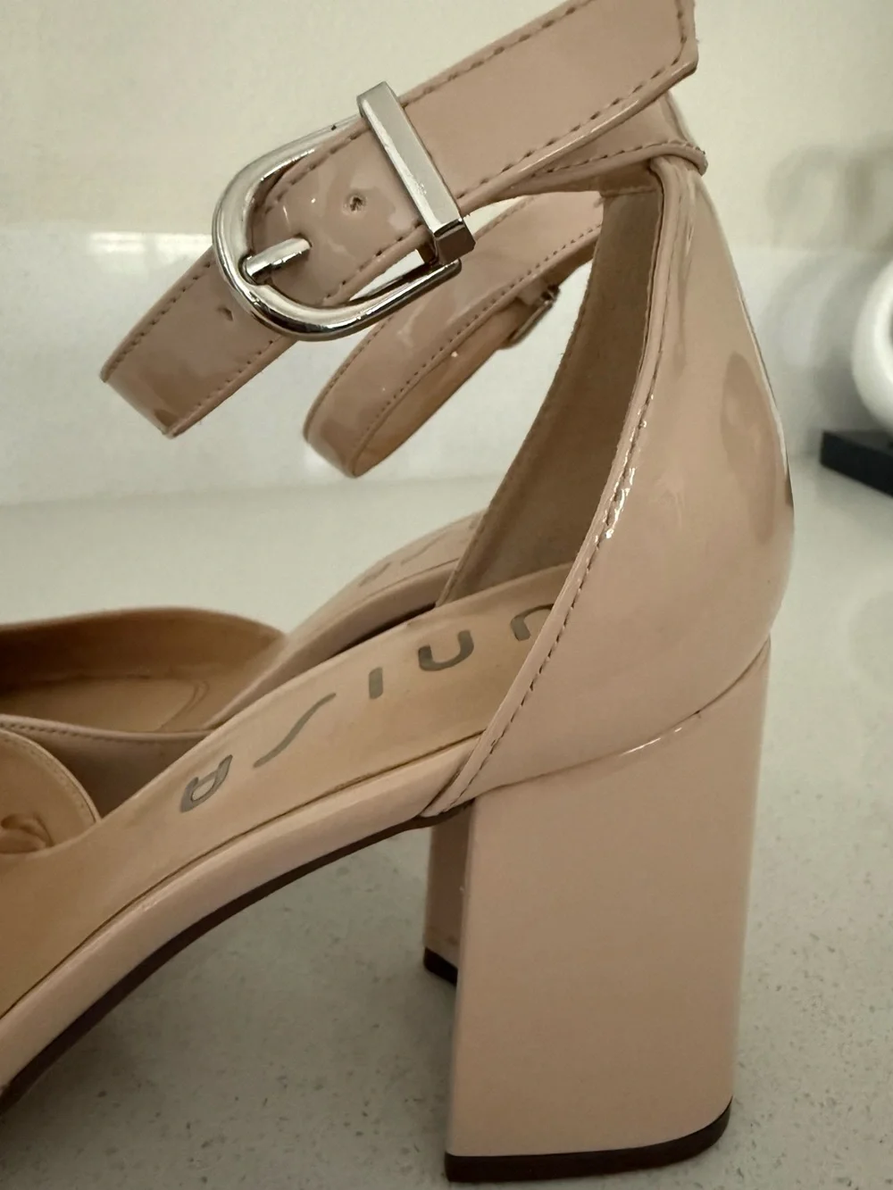 Unisa Beige Patent Pointed-Toe Ankle-Strap Heels